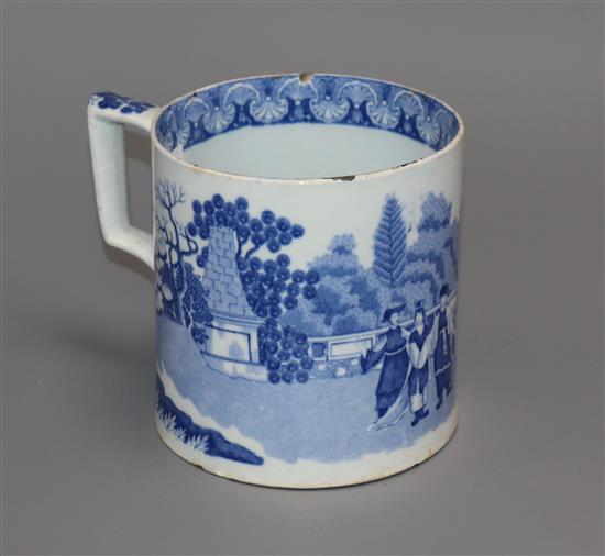 A blue and white pearlware mug height 12cm